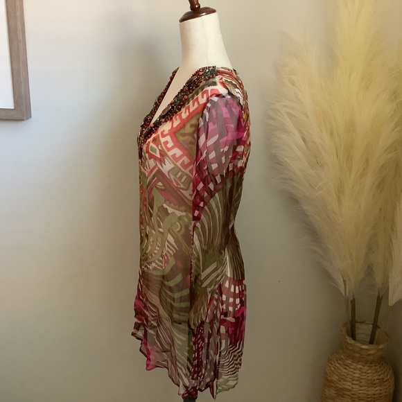 Kay Celine Multicolored Sheer Tunic with Beaded Neckline, NWT, Size S - Picture 2 of 16